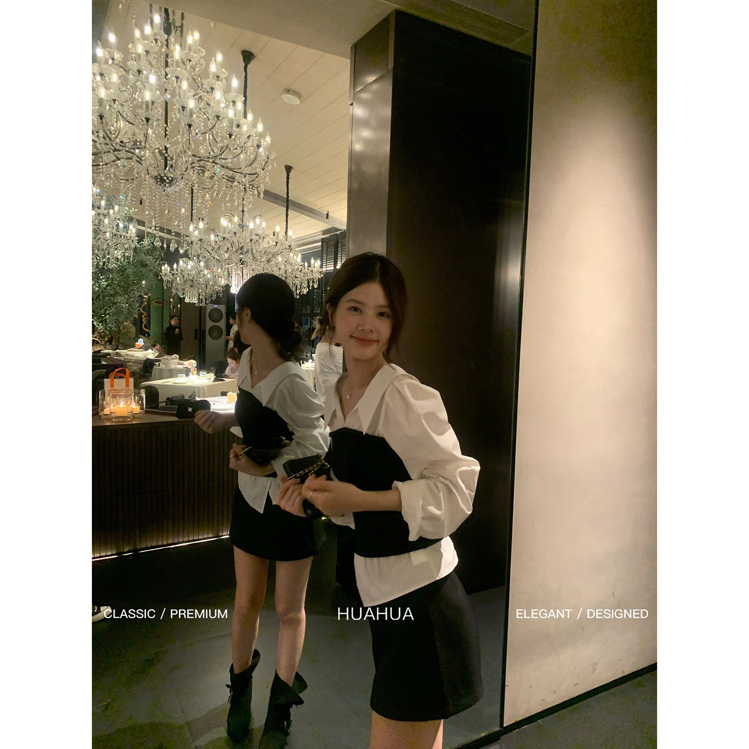 【花花】女主光环~韩系大翻领白色衬衫拼接假两件修身显瘦上衣女