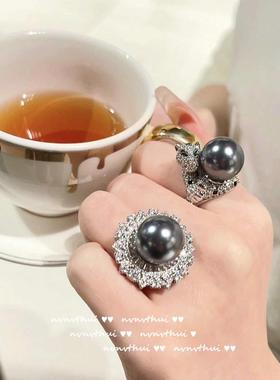 古巴比伦猎豹珍珠戒指 大溪地 钢琴黑海水贝珠花朵锆石戒指 项链