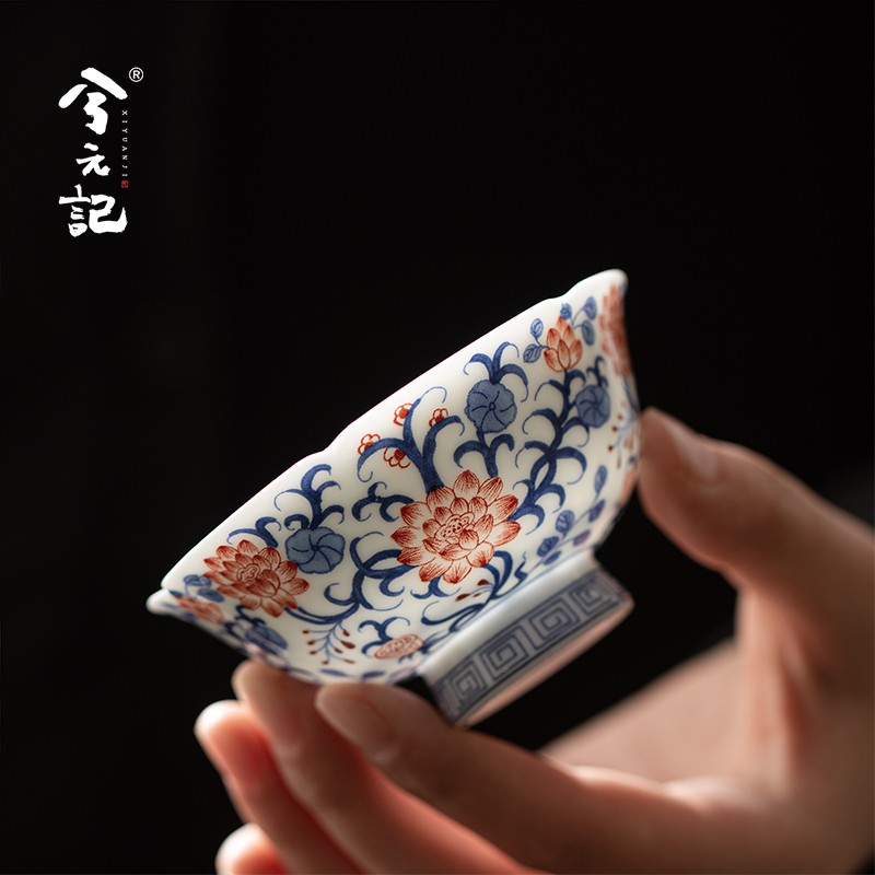 兮元记青花釉里红茶杯陶瓷品茗杯主人杯单杯个人专用高档单个茶盏