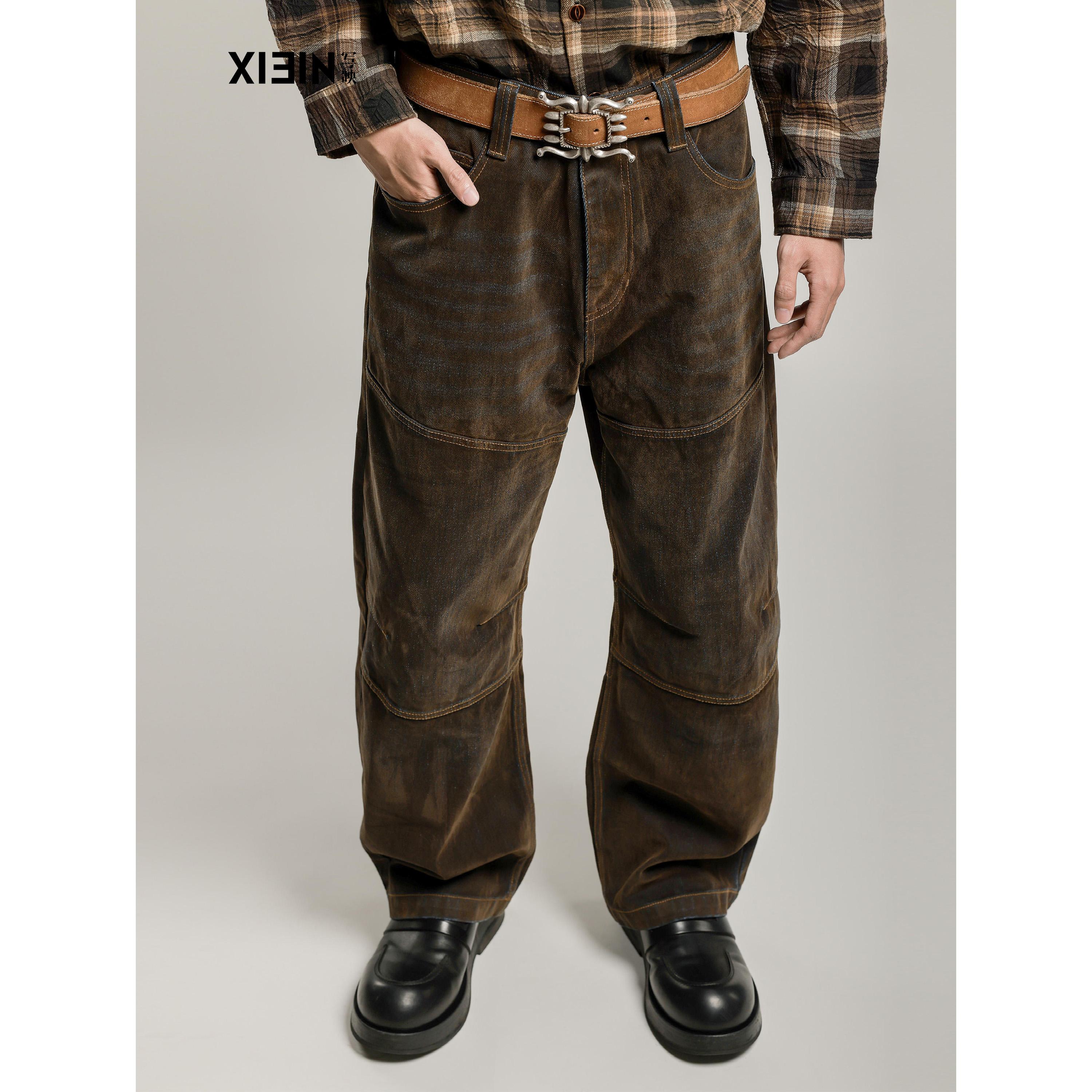 XIEIN写映 油污染植绒牛仔复古弯刀牛仔裤 132481011