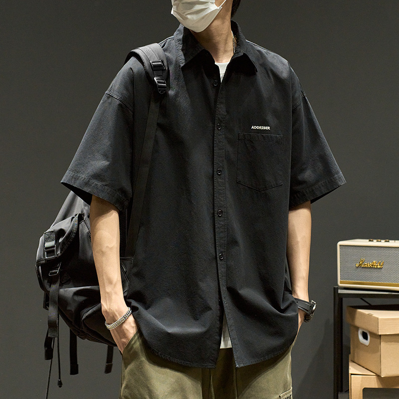 短袖衬衫男2025新款日系简约刺绣潮牌翻领半袖夏季痞帅工装外套潮