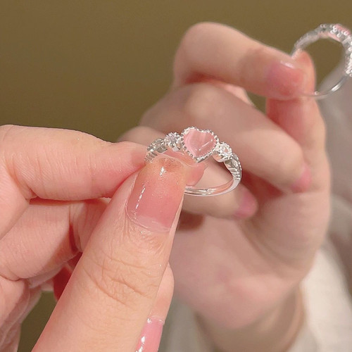 EmoPluto「荔枝奶冻」粉色爱心戒指ins清冷超仙食指戒开口可调节