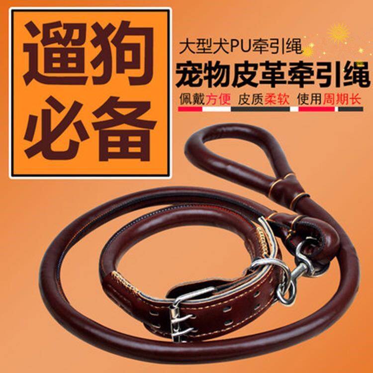 狗狗牵引绳中型大型犬金毛哈士奇皮质项圈狗绳子链子耐磨遛狗套装
