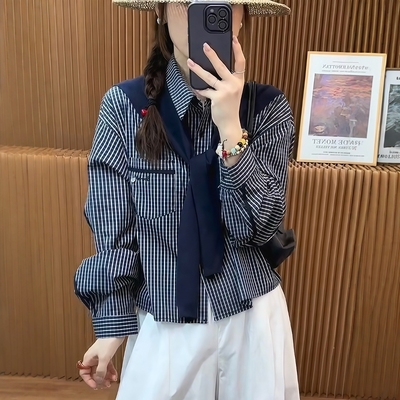 韩系减龄披肩长袖蓝色格子衬衫女2025秋新款高级感洋气设计感上衣
