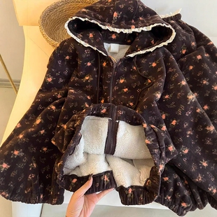 高级感法式复古风小碎花珊瑚绒睡衣女冬季保暖加绒加厚家居服套装