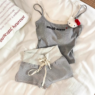 家居服 性感背心条纹短裤 甜美少女kitty带胸垫睡衣女夏季 纯棉无袖