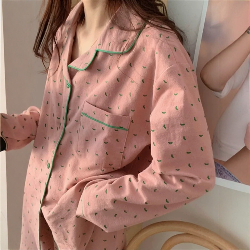 纯棉磨毛碎花小翻领睡衣女春秋冬