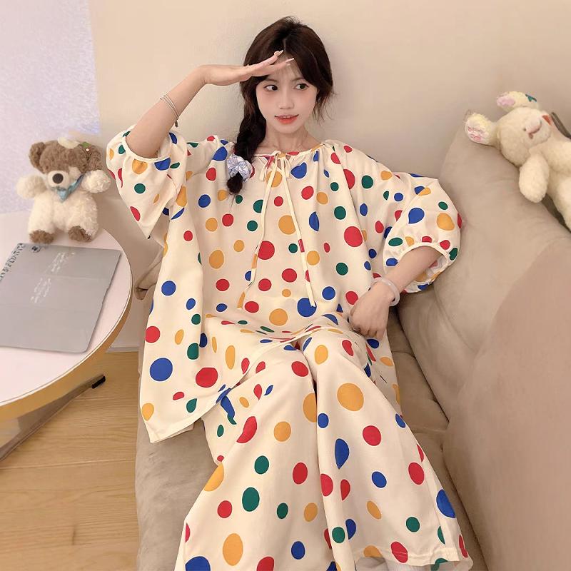 彩色波点棉绸睡衣女2024新款春秋季宽松七分袖长裤家居服套装夏天