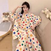家居服套装 彩色波点棉绸睡衣女2024新款 长裤 宽松七分袖 夏天 春秋季