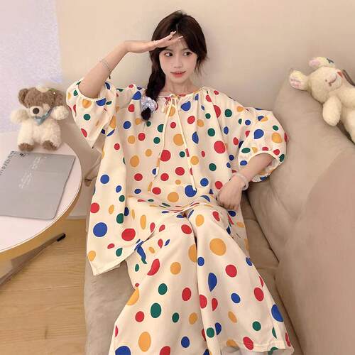 彩色波点棉绸睡衣女2024新款春秋