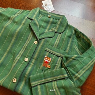 家居服套装 小浣熊条纹长袖 长裤 春秋舒适宽松绿色开衫 外穿 睡衣女款