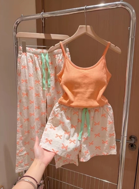 带胸垫睡衣女款夏季2026新款橙色蝴蝶结吊带短裤可外穿家居服套装