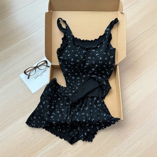 纯欲居家服套装 时尚 大码 夏季 设计感少女碎花带胸垫吊带睡衣女新款