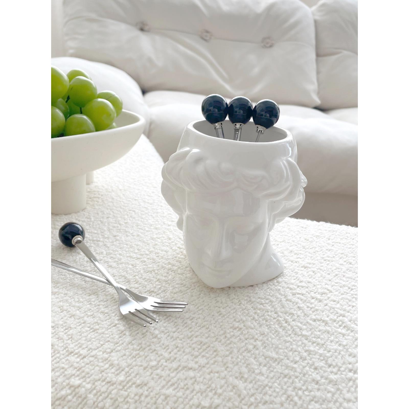 ins阿波罗艺术浮雕杯陶瓷蛋糕水果签果叉收纳筒套装创意桌面摆件
