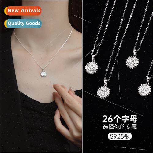 S925 silver round coin 26 letters necklace pendant simple En