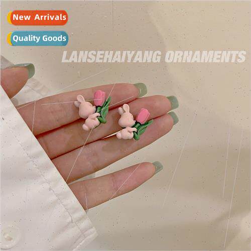 Pink tulip rabb earrings cute cartoon earrings girl ins resi