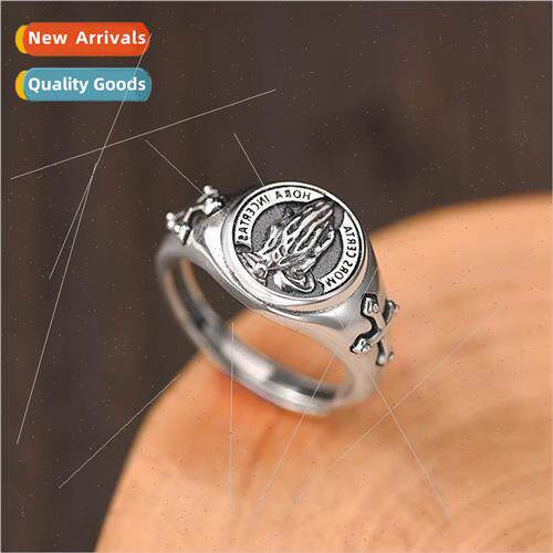 Europe Vintage Praying Hands Men Open End Ring Spl Gold Crea