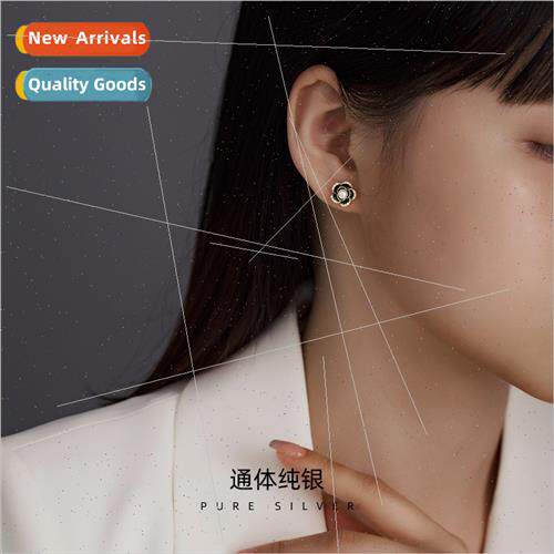 S925 silver pearl black petal earrings Korea simple fashion