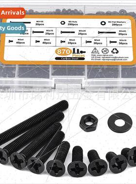 870pcs Black Phillips Screws & Nuts w Flat Washers Set Flat