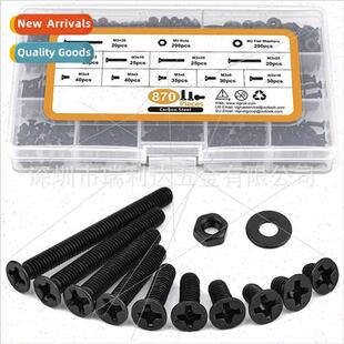 870pcs Black Phillips Screws & Nuts w Flat Washers Set Flat