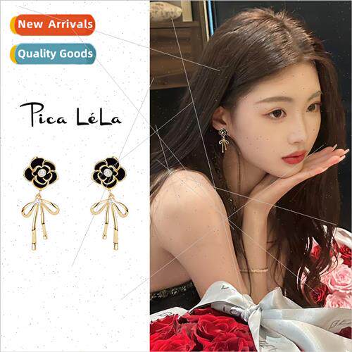 S925 silver earrings camellia pearl bow female niche celebry