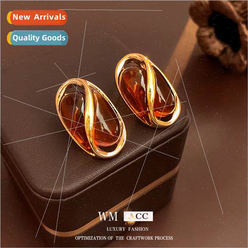 Earrings silver pin hollow oval amber metal earrings retro h