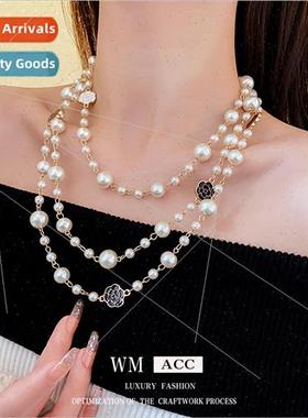 Korea fashion black whe camellia pearl long necklace collarb