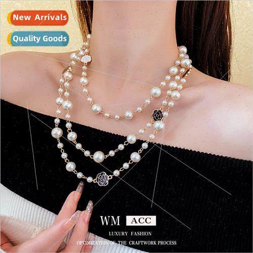 Korea fashion black whe camellia pearl long necklace collarb