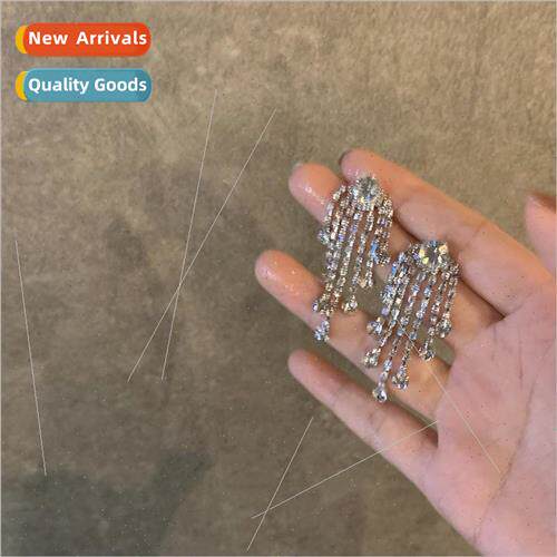 Brilliant shiny silver pin diamond tassel earrings ins earri