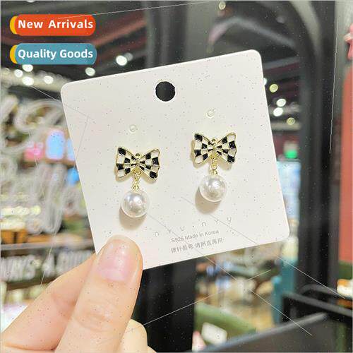 s925 silver needle black whe checkerboard grid earrings fema