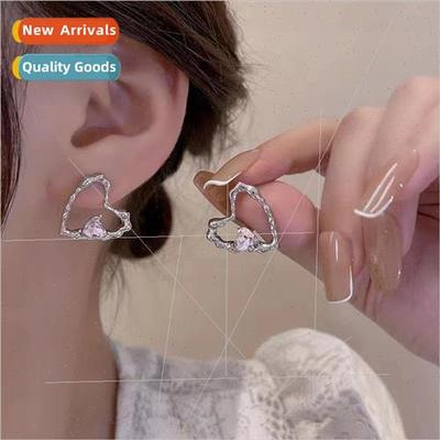 mple hollowed out love heart pink zirconia earrings female K