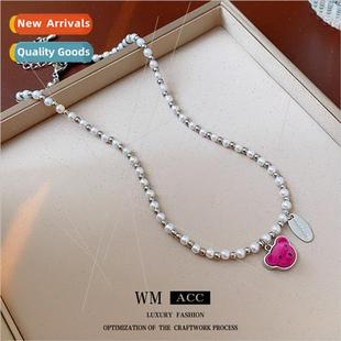 Pink Bear Pearls Round Beaded Necklace che Pairing Collarbon