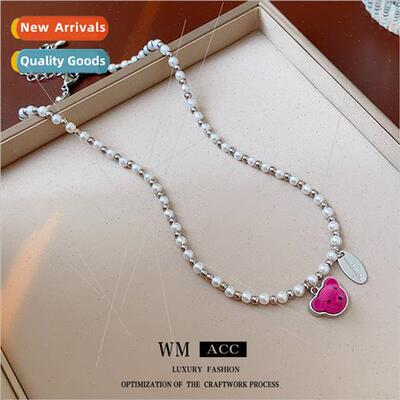 Pink Bear Pearls Round Beaded Necklace che Pairing Collarbon