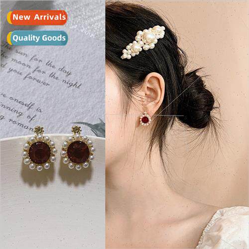Palace Vintage French Ruby Pearl Earrings 2023 New Sense Ear