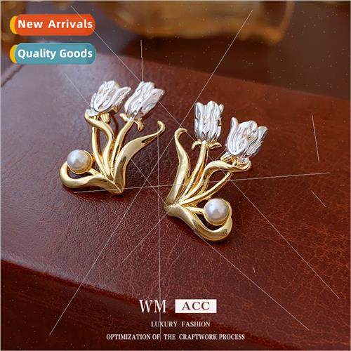 silver pin tulip pearl earrings French vintage earrings meta