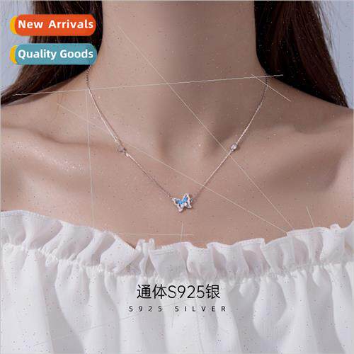 S925 silver simple blue butterfly necklace ins niche INS wh