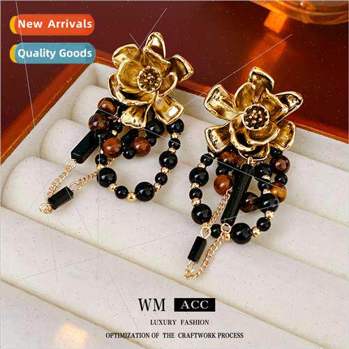 Earrings silver pin do old flowers tiger eye stone tassel ea
