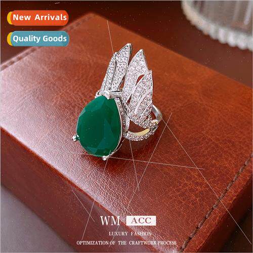 Zirconia Emerald Teardrop Double Opening Ring French Elegant