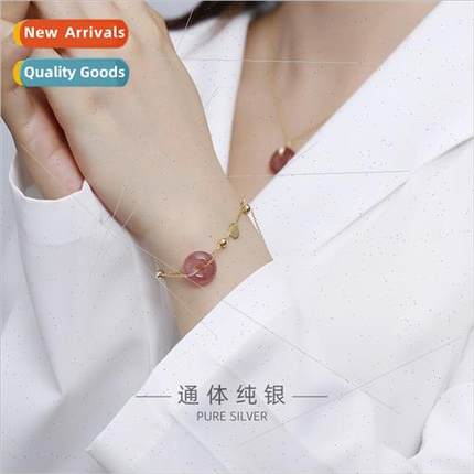 S925 silver girly strawberry crystal peace button bracelet n