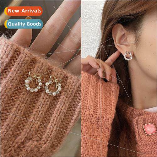 Bow tie pearl earrings female fall winter 2023 new tide fall