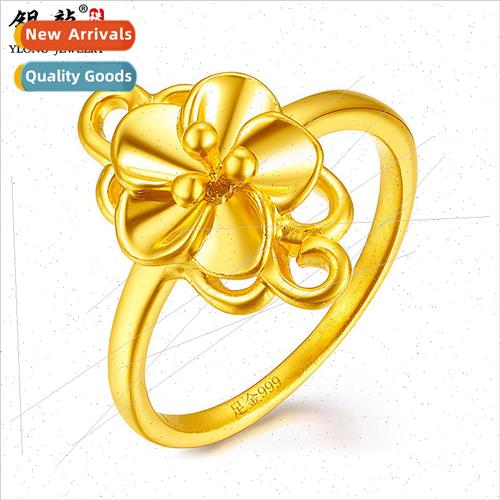 Gold 999 yellow gold ring 3D hard gold women ring flower wed