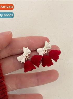 Burgundy flocked tulip earrings female sweet cute niche bow