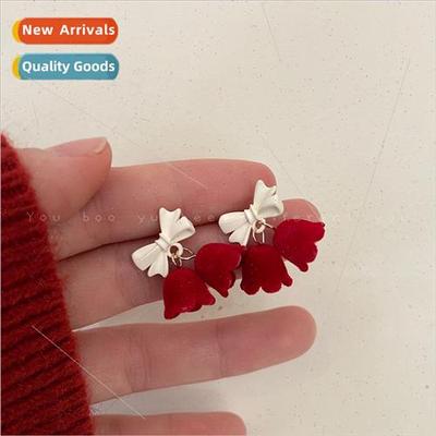 Burgundy flocked tulip earrings female sweet cute niche bow
