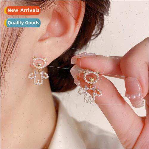 Summer new pearl hollow bear earrings s925 silver needle gir