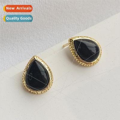 s925 silver jewelry teardrop pattern black onyx stud earring