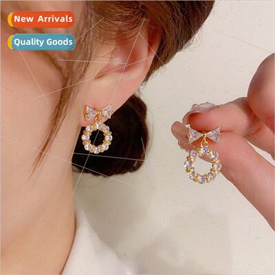 Cute delicate zirconia bow circle earrings s925 silver needl