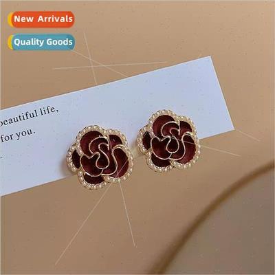 Retro Hepburn camellia earrings female summer simple earring
