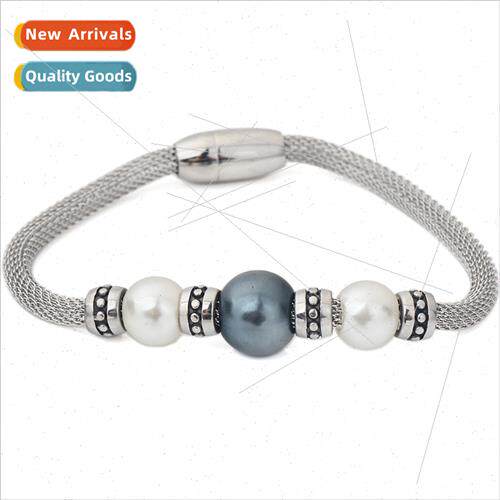 stainless steel Fashion Cable Mesh Chain Women Faux Pearls D
