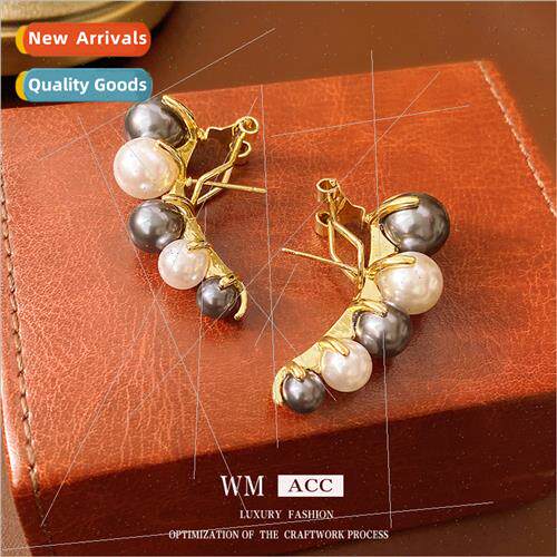 lver needle arc color blocking pearl earrings Korea elegant