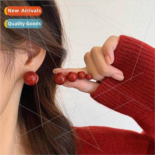 Burgundy bean pearl earrings female retro red earrings to ra